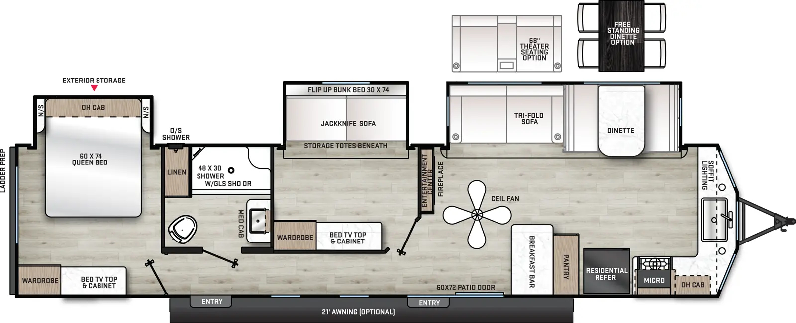 The 39MBTS has three slide outs and two entry doors. Exterior features an optional 21 foot awning and outside shower. Interior layout front to back: kitchen counter with sink and soffit lighting above in alcove, wraps to door side with overhead cabinet, microwave, cooktop stove, residential refrigerator, pantry and breakfast bar; off-door side slide out containing dinette and tri-fold sofa; entertainment center with fireplace along inner wall and ceiling fan; patio door entry; off-door side room with off-door side slide out containing COA cube futon with flip up bunk above, and wardrobe and TV Top and cabinet on opposite wall; off door side full bathroom with medicine cabinet  and linen closet; second entry door; rear bedroom with off door side queen bed slide out with overhead cabinet and night stands on each side, paddle fan, and door side wardrobe and TV Top and cabinet.